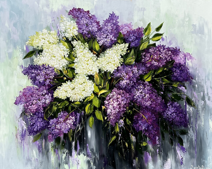 Painting titled "Lush Lilac Bouquet" by Marietta Martirosyan, Original Artwork, Oil Mounted on Wood Stretcher frame