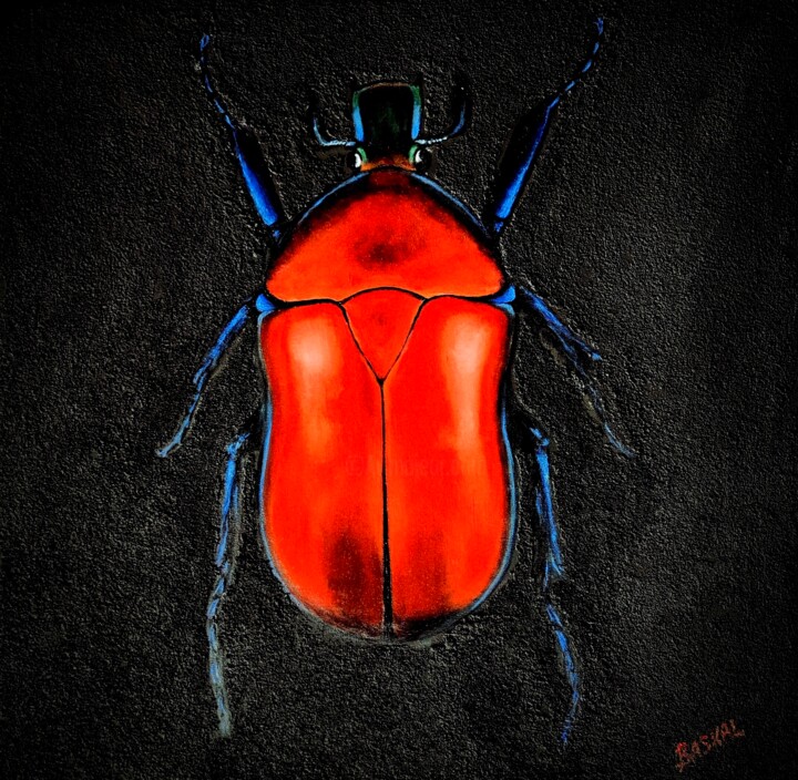 Pintura titulada "Just a red beetle" por Mariia Baskal, Obra de arte original, Oleo Montado en Bastidor de camilla de madera