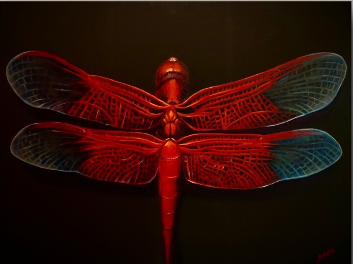 Malerei mit dem Titel "Ms. Red Dragonfly" von Mariia Baskal, Original-Kunstwerk, Öl