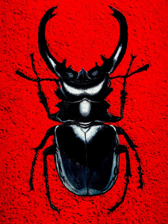 Painting titled "Mr. Black Beetle" by Mariia Baskal, Original Artwork, Oil Mounted on Wood Stretcher frame