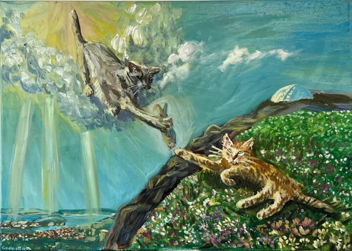 Painting titled "Creation of the Cat" by Mariia Gabelko, Original Artwork, Oil Mounted on Wood Stretcher frame