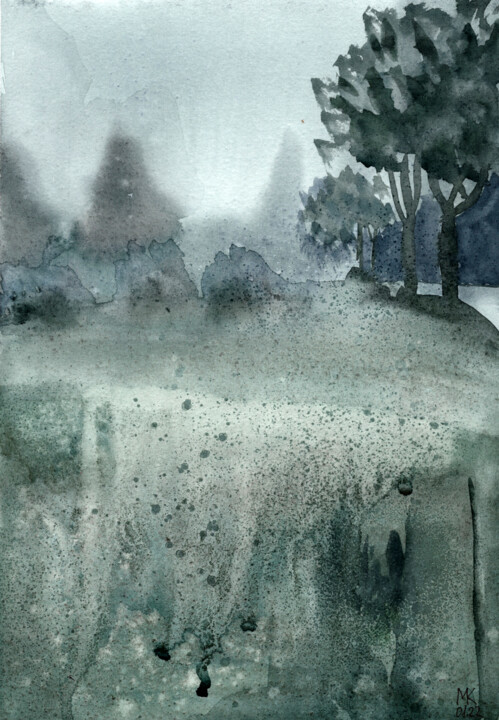 Peinture intitulée "Foggy green landsca…" par Mariia Kiseleva, Œuvre d'art originale, Aquarelle