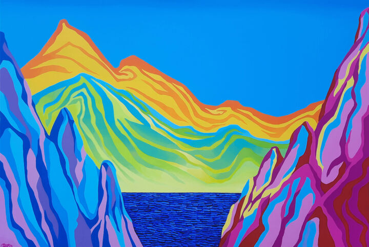 Painting titled "Mountains on a Sunn…" by Mariia Raskin, Original Artwork, Acrylic Mounted on Wood Stretcher frame