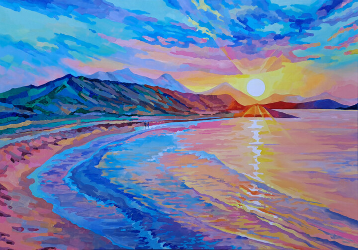 Painting titled "Alagadi Sunset" by Mariia Raskin, Original Artwork, Acrylic Mounted on Wood Stretcher frame