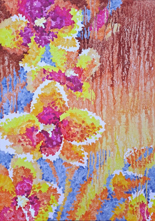Картина под названием "Golden Orchids" - Mariia Raskin, Подлинное произведение искусства, Акрил Установлен на Деревянная рам…