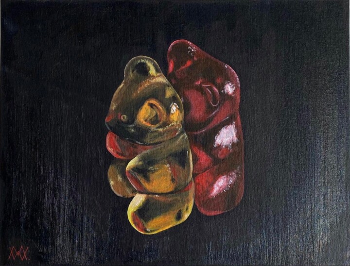 Painting titled "Jelly bears love" by Mariia Riznyk, Original Artwork, Acrylic Mounted on Cardboard