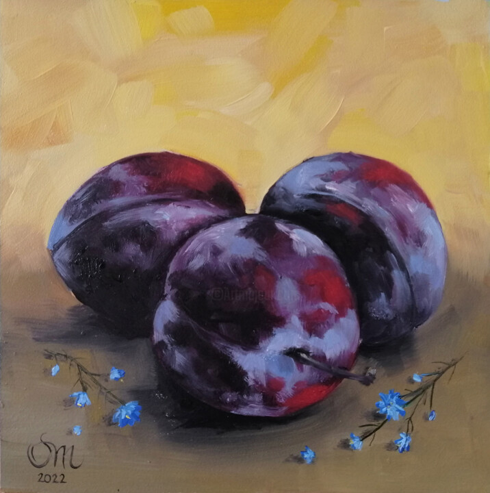Painting titled "Plum fruit still li…" by Mariia Sukalova, Original Artwork, Oil
