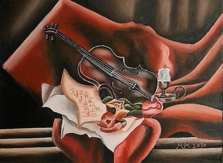 Schilderij getiteld "Violin and old paper" door Marija Mitrovic, Origineel Kunstwerk, Olie