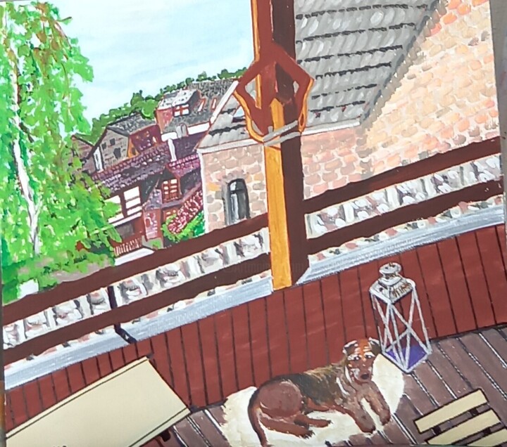 Malerei mit dem Titel "Hund am Balkon" von Marija Weiß, Original-Kunstwerk, Acryl