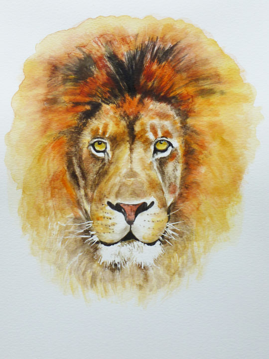 Painting titled "Leeuw" by Marijke Vanwezer, Original Artwork, Watercolor