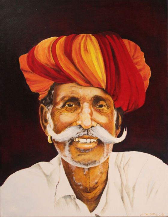 Schilderij getiteld "Papa Punjab" door Marijke Vanwezer, Origineel Kunstwerk, Olie
