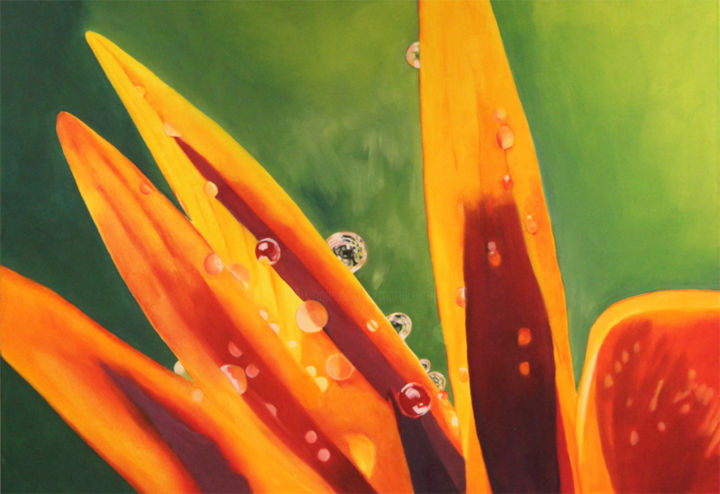 Painting titled "Bloem met dauw" by Marijke Vanwezer, Original Artwork, Oil