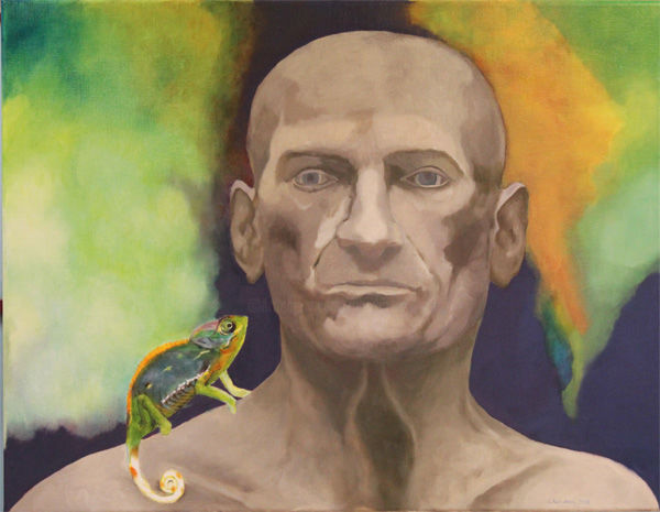 Painting titled "Kameleonman" by Marijke Vanwezer, Original Artwork, Oil
