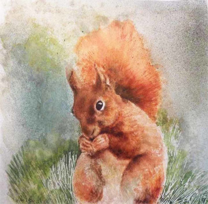 Schilderij getiteld "eekhoorntje; Squirel" door Marijke Vanwezer, Origineel Kunstwerk, Aquarel