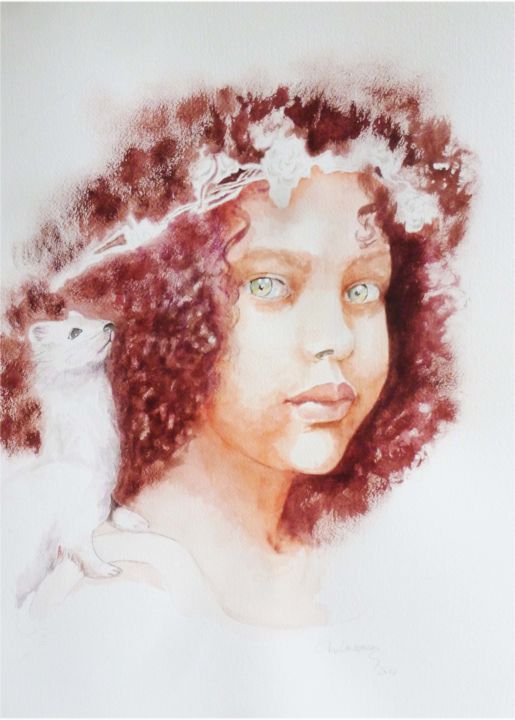 Painting titled "girl with ermine" by Marijke Vanwezer, Original Artwork, Watercolor