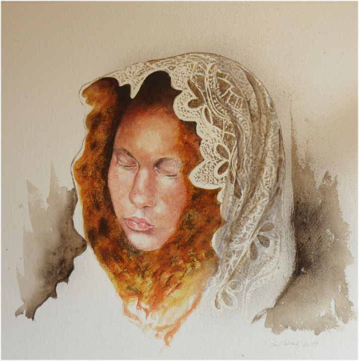 Pittura intitolato "girl with lace cloth" da Marijke Vanwezer, Opera d'arte originale, Acquarello