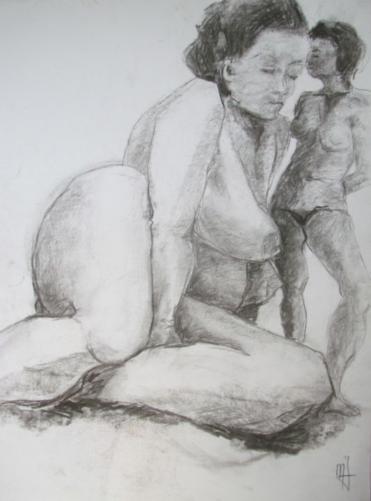 Drawing titled "Voix intérieure - I…" by Marijo Ponce Fest, Original Artwork, Charcoal