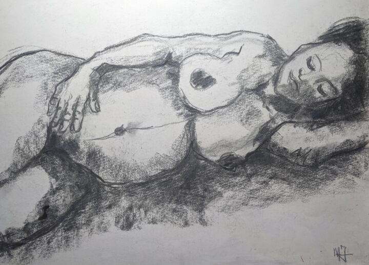 Drawing titled "Enceinte - Pregnant" by Marijo Ponce Fest, Original Artwork, Charcoal