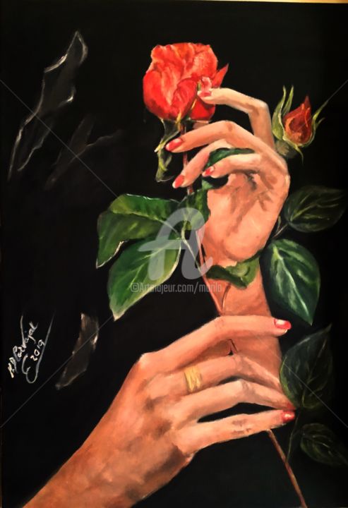 Painting titled "rosas en las  manos" by Marilo, Original Artwork, Oil