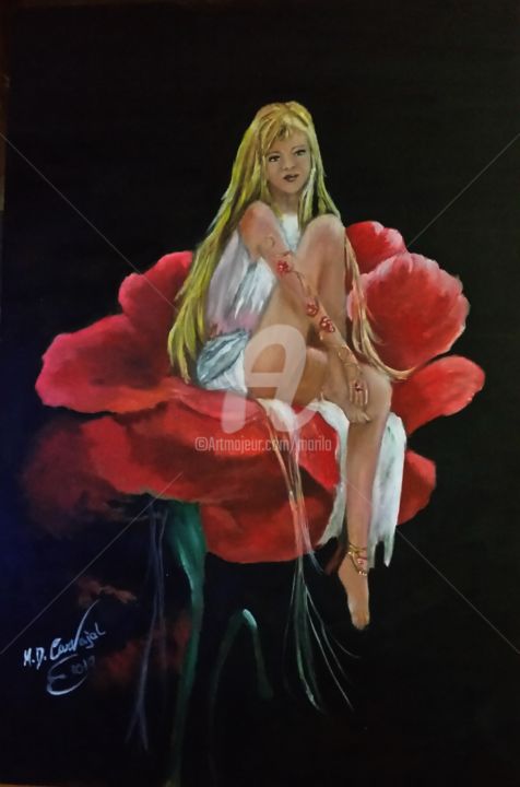 Painting titled "sentada en la rosa" by Marilo, Original Artwork, Oil