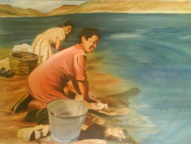Painting titled "LAVANDO EN EL RIO" by Mari Luz, Original Artwork, Oil