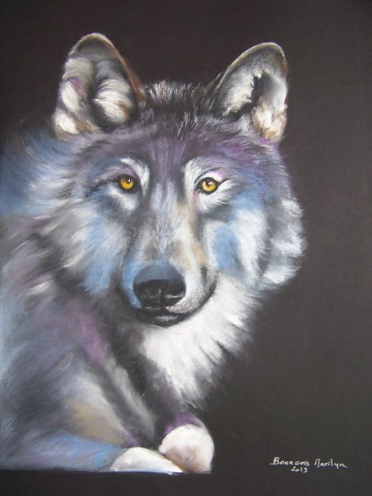 Drawing titled "Loup argenté" by Marilyn Bourgois, Original Artwork, Pastel Mounted on Aluminium