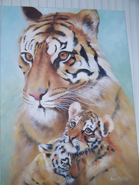 Pintura intitulada "maman tigre et ses…" por Marilyn Bourgois, Obras de arte originais, Óleo Montado em Armação em madeira