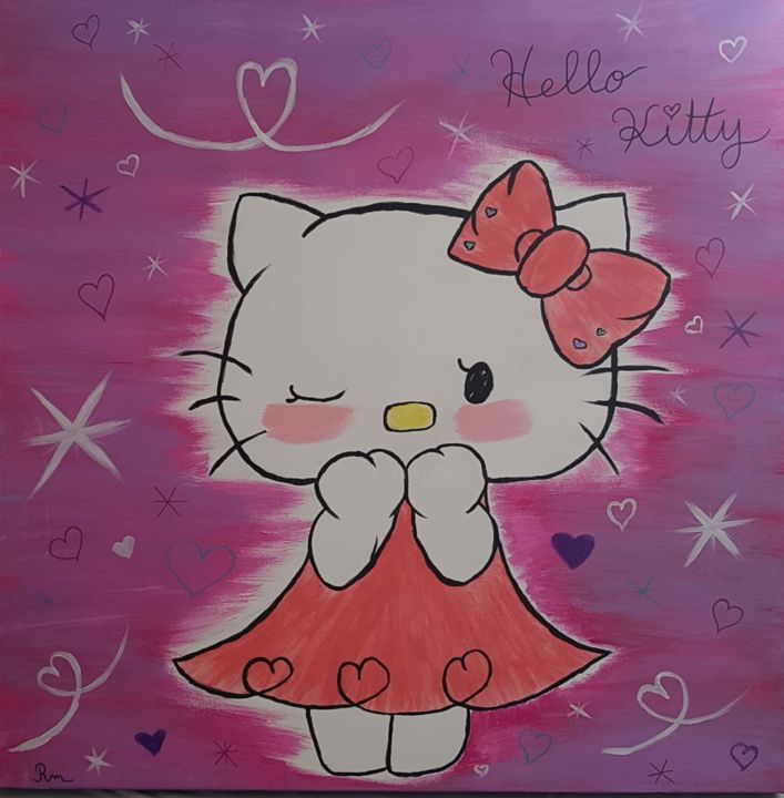 Painting titled "Tableau hello kitty" by Marilyn, Original Artwork, Acrylic