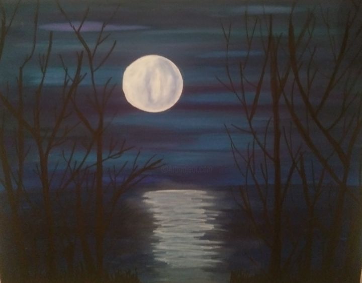 Peinture intitulée "Lune sur le lac" par Mjoly, Œuvre d'art originale, Acrylique