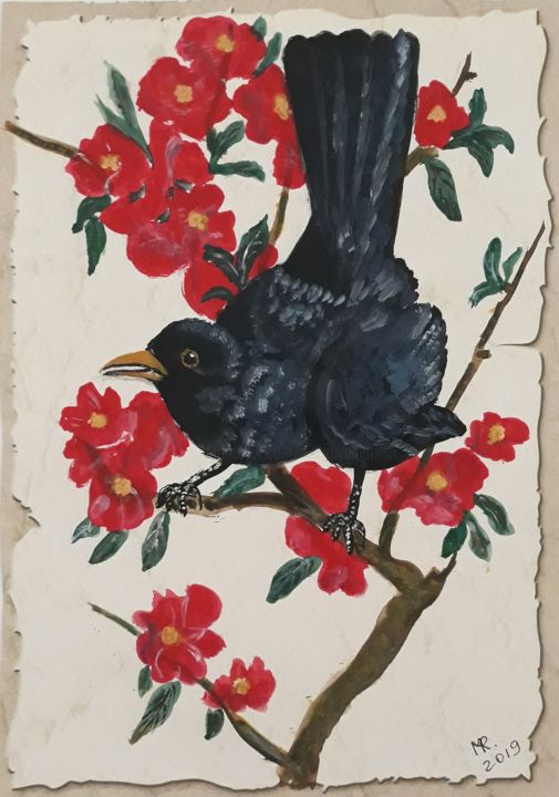 Drawing titled "Crow on a branch." by Marie Ruda, Original Artwork, Watercolor