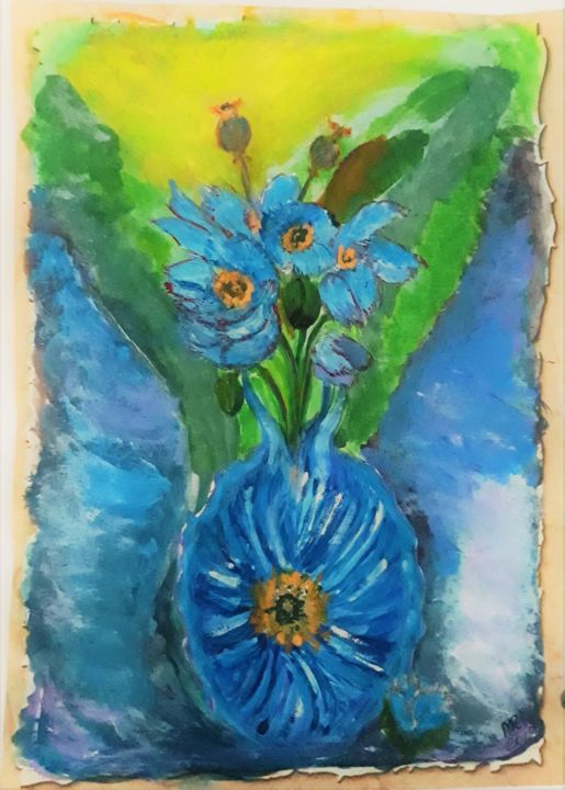 Drawing titled "Abstract.Blue flowe…" by Marie Ruda, Original Artwork, Watercolor