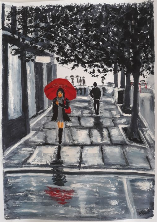 Drawing titled ""The girl with a re…" by Marie Ruda, Original Artwork, Watercolor