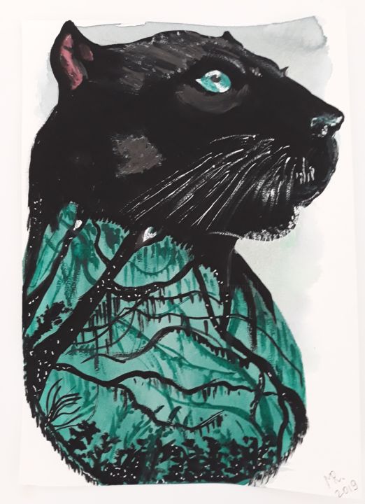 Pintura titulada "Black panther" por Marie Ruda, Obra de arte original, Acuarela