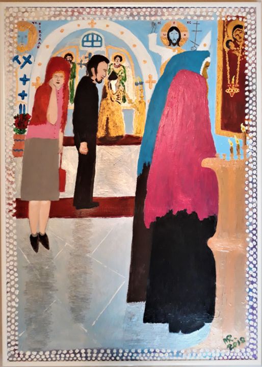 Painting titled "In church." by Marie Ruda, Original Artwork, Acrylic