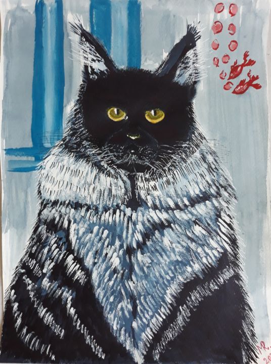 Painting titled "Blue cat  maine coo…" by Marie Ruda, Original Artwork, Watercolor