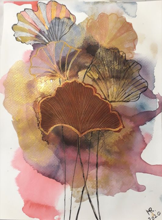 Malerei mit dem Titel "Ginkgo-1" von Marie Ruda, Original-Kunstwerk, Aquarell