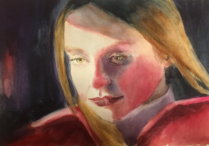 Pintura intitulada "Girl in a red jacket" por Marina Babintseva, Obras de arte originais, Aquarela