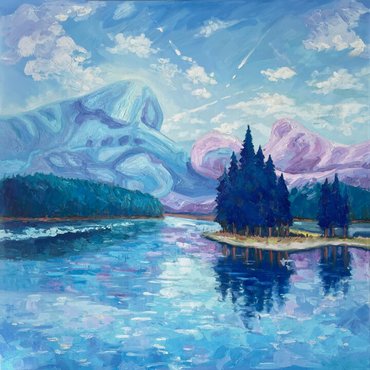 Картина под названием "Two mountains." - Marina Beresneva, Подлинное произведение искусства, Масло Установлен на Деревянная…