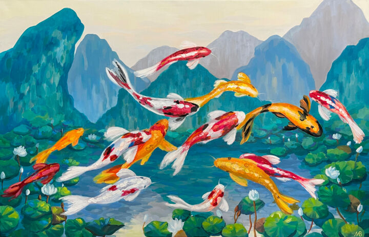 Peinture intitulée "Koi carp rejoice at…" par Marina Beresneva, Œuvre d'art originale, Acrylique Monté sur Châssis en bois