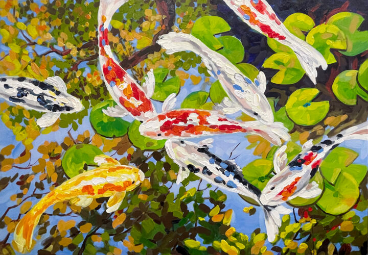 Painting titled "Fish dance in the s…" by Marina Beresneva, Original Artwork, Acrylic Mounted on Wood Stretcher frame