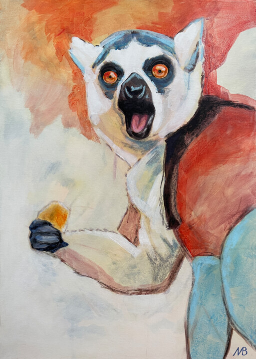 Painting titled "Lemur" by Marina Beresneva, Original Artwork, Acrylic Mounted on Wood Stretcher frame