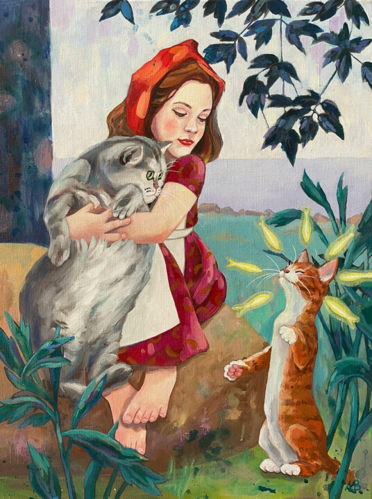 Painting titled "New cat" by Marina Beresneva, Original Artwork, Acrylic Mounted on Wood Stretcher frame