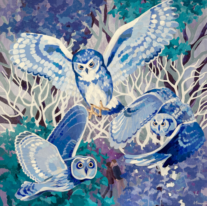 Painting titled "Owl's Secret" by Marina Beresneva, Original Artwork, Acrylic Mounted on Wood Stretcher frame