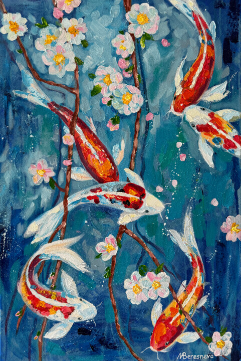 Painting titled "Koi in the spring" by Marina Beresneva, Original Artwork, Acrylic Mounted on Wood Stretcher frame