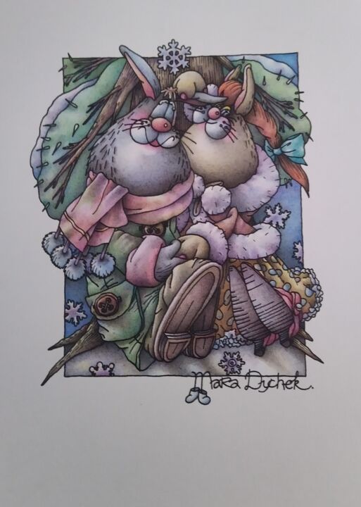 Dessin intitulée "A couple of hares u…" par Marina Dychek, Œuvre d'art originale, Crayon