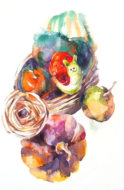 Painting titled "улитка и тыквы" by Marina Fiodorova, Original Artwork, Watercolor