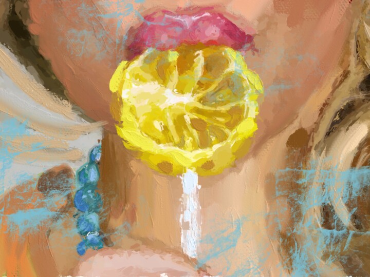 Printmaking titled "Lemon candies,  Bon…" by Marina Fedorova, Original Artwork, Acrylic Mounted on Wood Stretcher frame