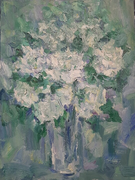 Painting titled "Белые цветы" by Marina Filatova, Original Artwork, Oil Mounted on Wood Panel