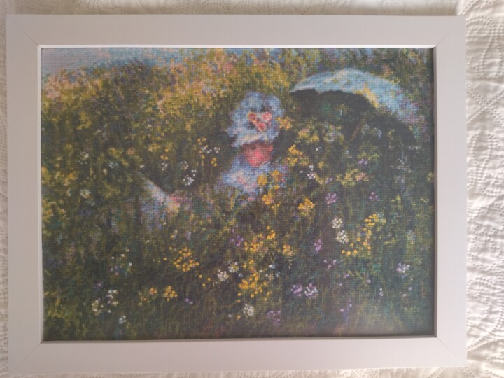 Textile Art titled "Monet "Dans la Prai…" by Marina Gor, Original Artwork, Embroidery Mounted on Wood Panel