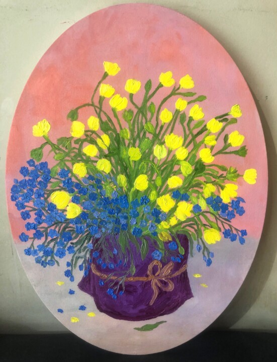 Painting titled "Forget me -nots Fie…" by Marina Gorbachova, Original Artwork, Oil